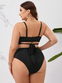 SHEIN Swim Curve 大尺碼單色鬆緊針織泳衣套裝 - 黑色 - 查看 2
