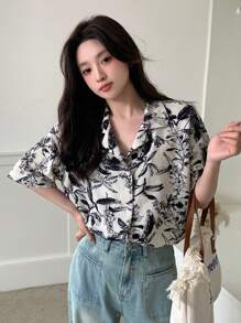 DAZY Floral Print Button-Down Short Sleeve Shirt Fall Vacation Outfits Women - Blue - View 6