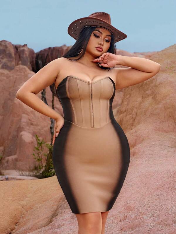 SHEIN SXY Dimensiuni plus mari Primăvară Vară Sexy Rave Petrecere Festival de muzică Concert în țară Superb Spray Lac Culoare degradată Bandaj bodycon Rochie fără bretele de pe umăr