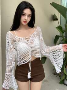 DAZY 女式镂空针织短款喇叭袖毛衣，秋季女装 - 白色 - 查看 7