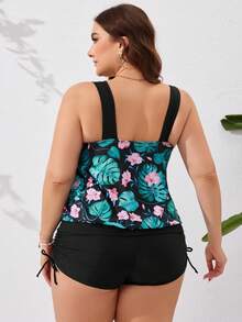 Swim Lushoire 大碼熱帶印花背心和黑色純色短褲泳裝套裝,適用於夏天、游泳、海灘派對 - 彩色 - 查看 2
