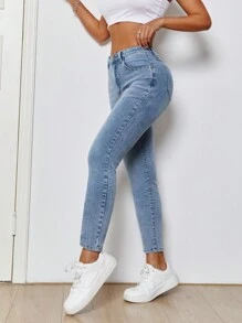 SHEIN PETITE Denim Jeans With Slanted Pockets, Casual Slim Fit