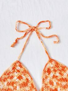 Soleia Wywh Women's Orange Gradient Crocheted Knitted Top With Ruffle Trim, Back Hollow Out And Neck Tie For Holiday Style - Orange - View 5