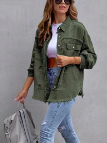 Ladies Single-Breasted Drop Shoulder Long Sleeve Denim Blouse