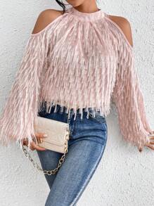Chiquease Women's Open Shoulder Long Sleeve Fringe Top