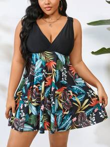 Swim Lushoire Traje de baño de dos piezas con estampado de plantas tropicales para mujer de talla grande, conjunto de tankini, traje de baño de verano, ropa de playa de verano - Multicolor - Ver 1