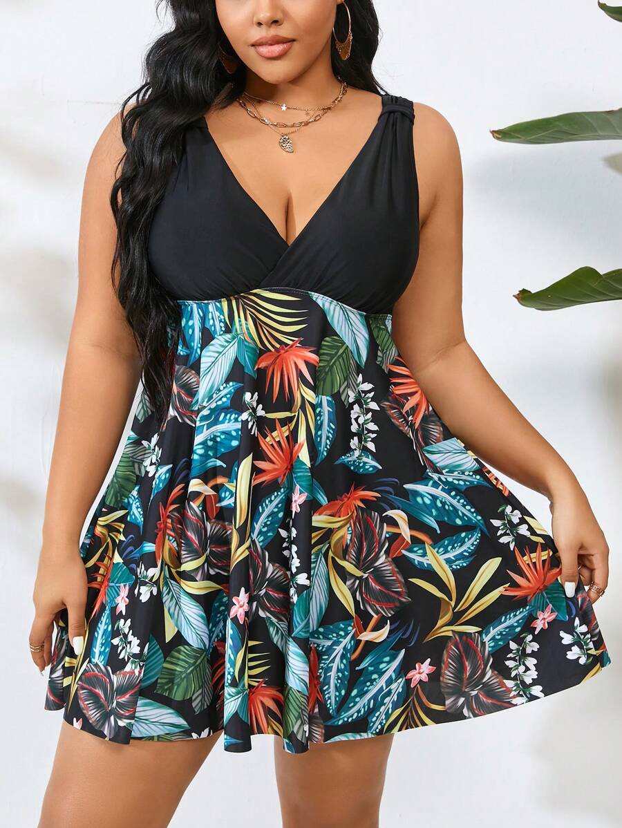 Swim Lushoire Traje de baño de dos piezas con estampado de plantas tropicales para mujer de talla grande, conjunto de tankini, traje de baño de verano, ropa de playa de verano - Multicolor - Ver 1