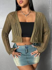 Flirla Plus Size Solid Color Hollow Out Knitted Cropped Cardigan Fall Cloth For Women - Green - View 1