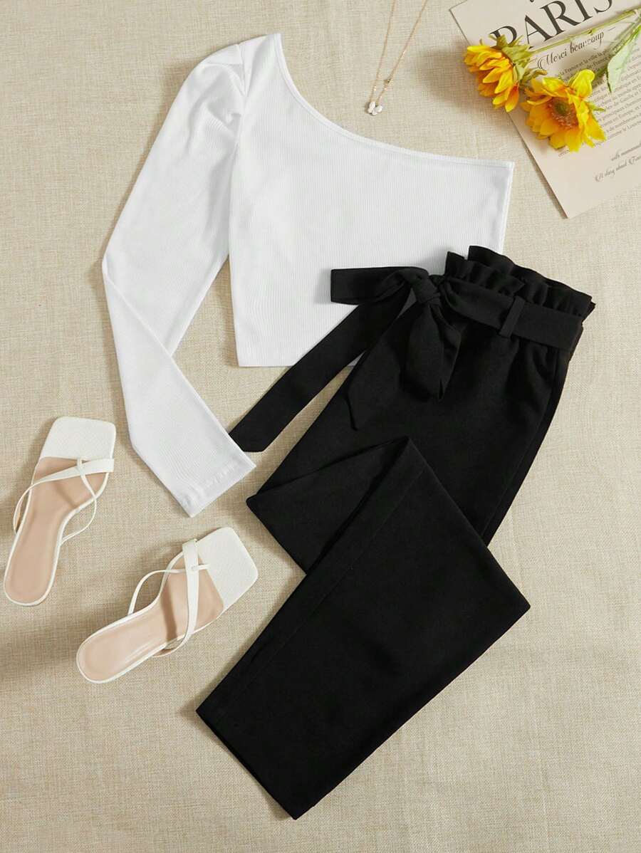 SHEIN LUNE Women Two-piece Outfits Berikat Paper Bag Pants Blok Warna Casual - Hitam dan Putih - View 1