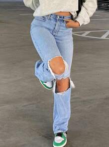 American Casual Knee Ripped Women Denim Jeans, All Season - Light Wash - View 4