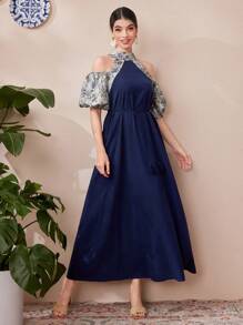 Al Najma Women's Cold Shoulder Patchwork Lantern Sleeve Dress - Blue - View 4