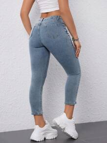 SHEIN EZwear Women's Slim Fit 3/4 Length Denim Pants - Medium Wash - View 3