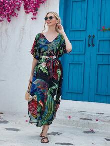 Women's Holiday Style Printed Short Sleeve Beach Cover Up Summer - Multicolor - View 4