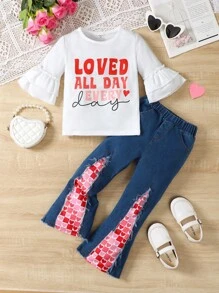 SHEIN Young Girl's Letter Print Flare Sleeve Top & Heart Patchwork Flare Denim Pants Set