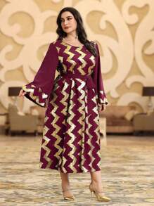 Al Najma Burgundy Red Plus Size Women's Arabic Style Long Sleeve Dress With Foil Print Herringbone Pattern