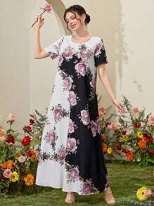 Al Najma 花卉印花短袖阿拉伯连衣裙 - 黑與白 - 查看 8