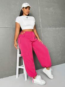 Flirla Plus Size Solid Color Hollow Out Flip Pocket Jogger Pants - Hot Pink - View 6