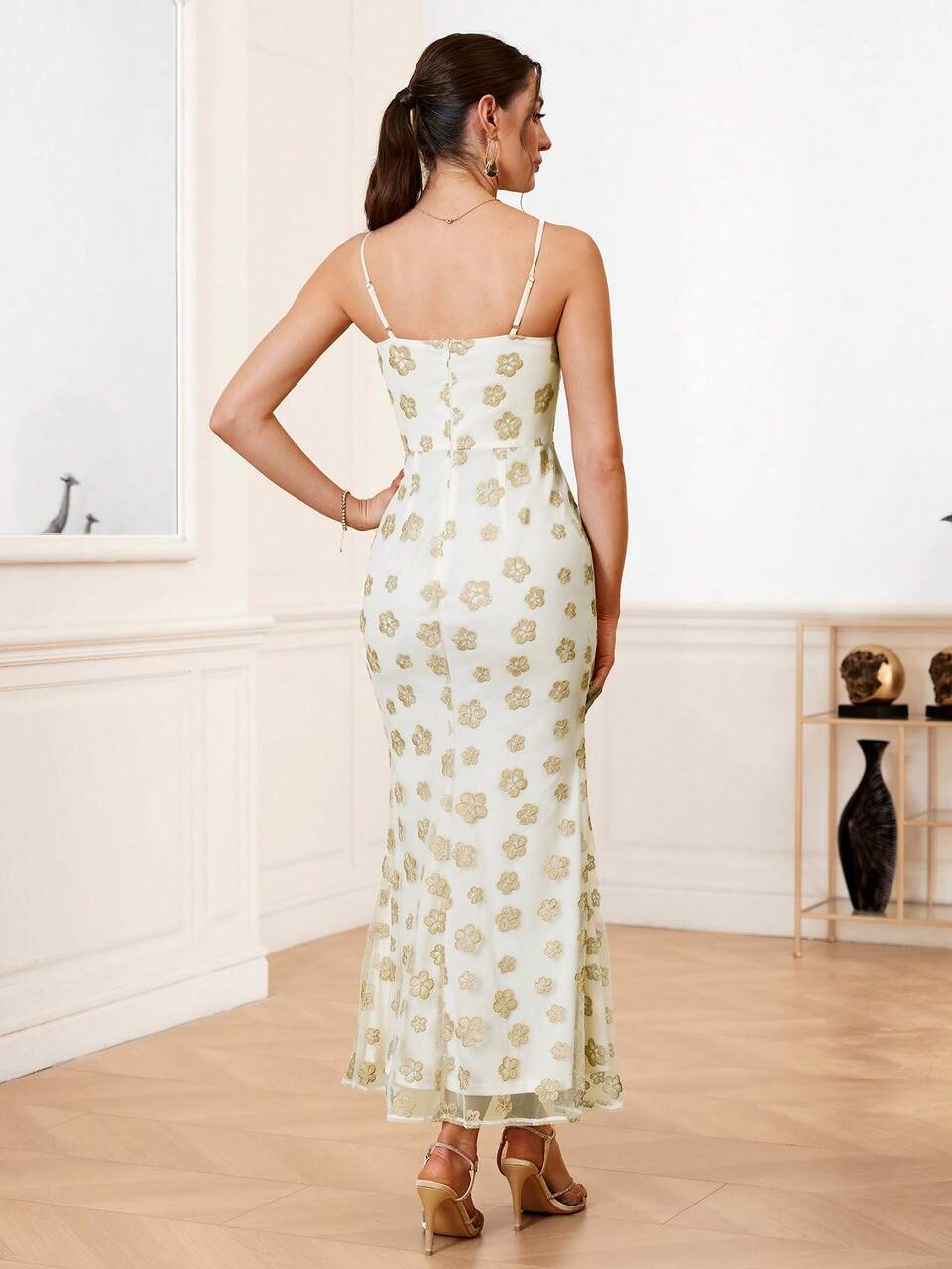 Floral Embroidery Slit Cami Bridesmaid Dress