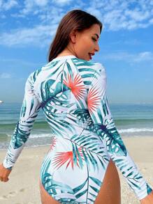 Swim SPRTY Women's Sporty Plant Printed Front Zipper One Piece Swimsuit, For Vacation, Travel, Festival, Swimming Pool, Surfing,Summer Beach