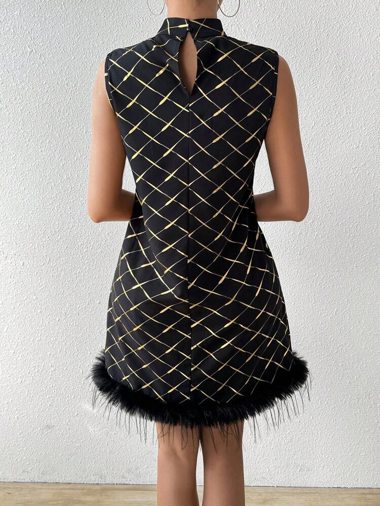 Ladies' Sleeveless Grid Pattern Dress With Foil Print