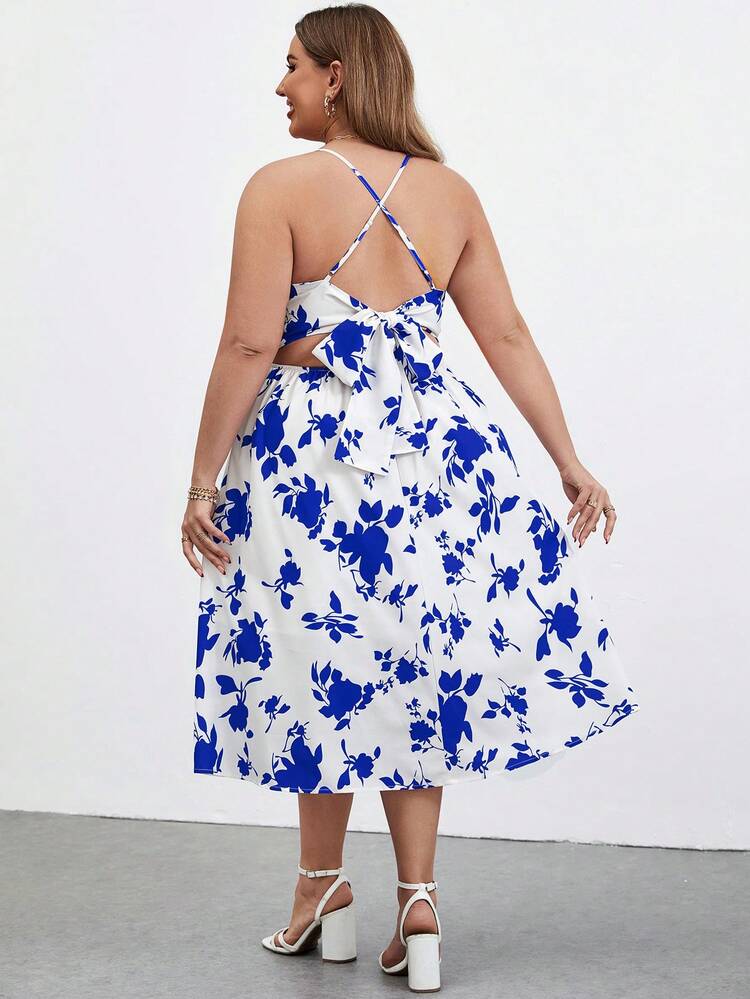 Plus Size Elegant & Romantic Flower Print Twisted Halter Neck Dress, Suitable For Travel, Vacation, Going Out, Shopping, Cafe