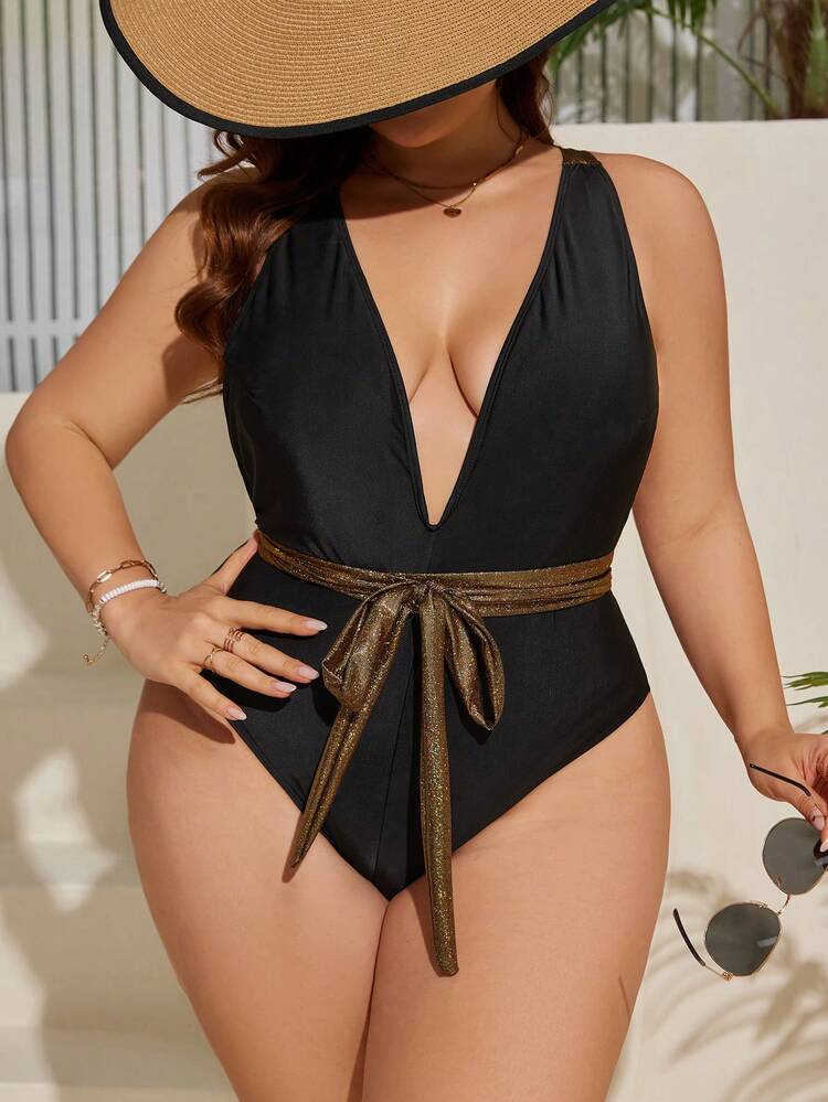Plus Size Deep V-Neckline Slim Fit Backless One-Piece Swimsuit, Bathing Suit Beach Outfit Vacay Vibe Summer