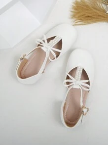 Nuevos diseños de bailarinas planas con perlas blancas y calados para niñas - Blanco - Ver 4