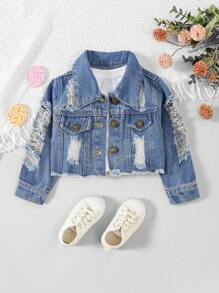 SHEIN Baby Girl Distressed Wash Street Style Denim Jacket - Medium Wash - View 1