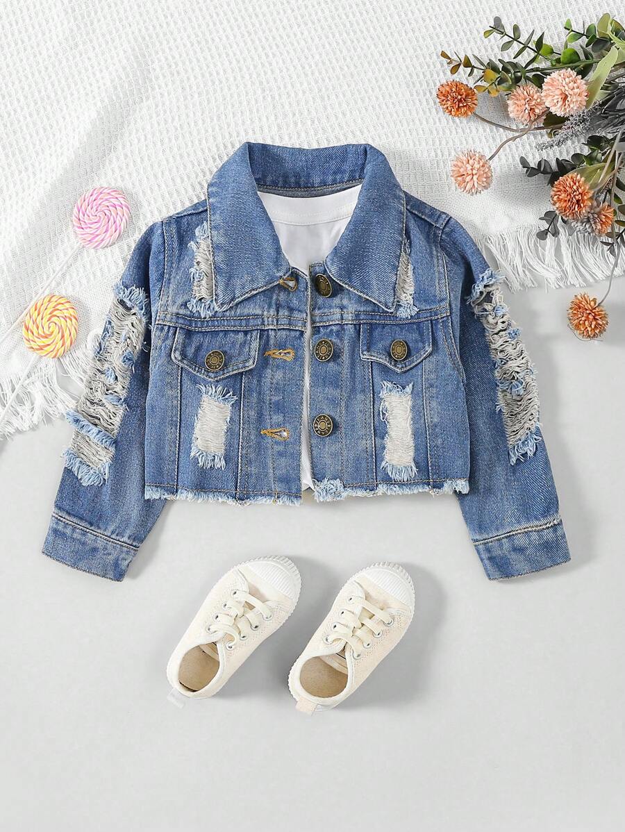 SHEIN Baby Girl Distressed Wash Street Style Denim Jacket - Medium Wash - View 1