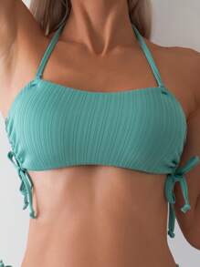 SHEIN Swim Conjunto de bikini de unicolor con textura para mujer, playa de verano - Verde Oliva - Ver 3