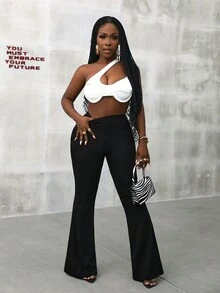 Slaydiva 夏季休閒高腰側邊口袋黑色鈴形褲女裝褲-C - 黑色 - 查看 4