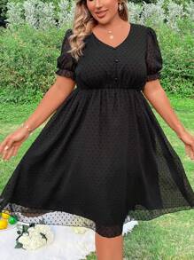 Flirla Robe grande taille à col en V avec contraste en maille et taille cintrée
