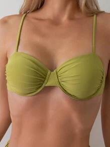 SHEIN Swim 純色卷曲比基尼套裝，配有細肩帶，適用於夏季沙灘 - 橄欖綠 - 查看 5