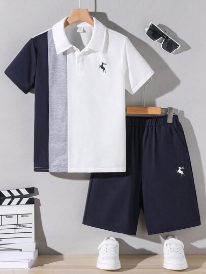 SHEIN Tween Boy Loose Fit Casual Short Sleeve Polo Shirt With Color Block Deer Pattern Collar And Shorts Set