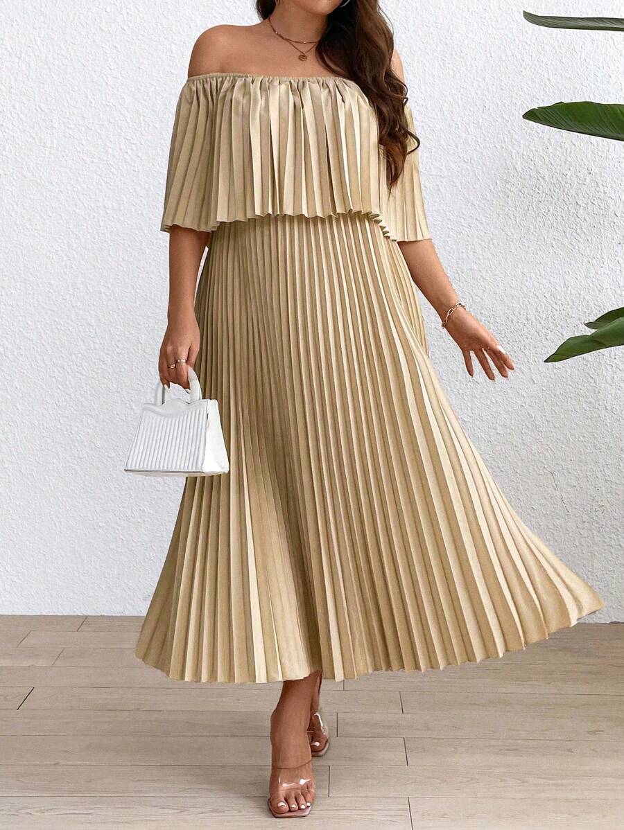 Flirla Women's Plus Size Off Shoulder Pleated Dress - Khaki - View 1
