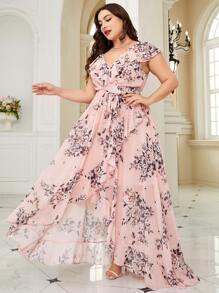 Plus Floral Print Ruffle Trim Belted Bridesmaid Dress - Pink - View 7