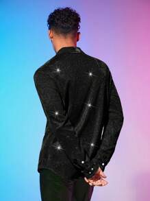 Manfinity Fever City Men Long Sleeve Shiny Sequin Shirt, Fall - Black - View 2