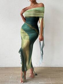 Rafferiza Ombre Print One Shoulder Ruched Ruffle Trim Dress Maxi Women Outfit - Green - View 7