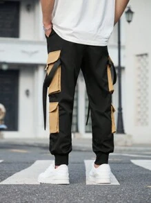 Manfinity Roghcode Men's Contrasting Colors Cargo Pants With Pockets And Elastic Cuffs - Black - View 2