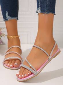 Dép đế bằng đính đá Rhinestone thiết kế mới 2024 dành cho nữ, dép đi trong nhà phong cách tối giản và thanh lịch, dép hở gót mũi tròn đính pha lê, dép xỏ ngón mùa hè màu hồng đào Valentine - Hồng - Xem 3