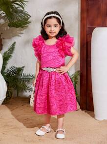 SHEIN Conjunto De Blusa Y Falda Para Niña Joven De Color Sólido Con Ribete De Jacquard Y Volantes