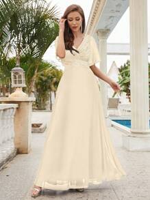 V-Neck Sequin Patchwork Chiffon Mother Of The Bride Dress - Apricot - View 4
