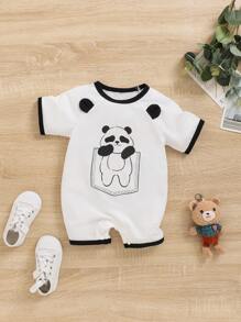 SHEIN Grenouillère De Sommeil Imprimée Mignonne D'ours Pour Bébé Garçon Avec Oreilles Patchées, Encolure Ronde À Blocs De Couleurs Et Manches Raglan - Blanc - Voir 1