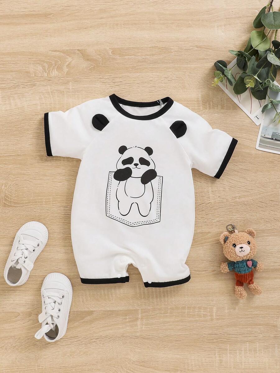SHEIN Grenouillère De Sommeil Imprimée Mignonne D'ours Pour Bébé Garçon Avec Oreilles Patchées, Encolure Ronde À Blocs De Couleurs Et Manches Raglan - Blanc - Voir 1