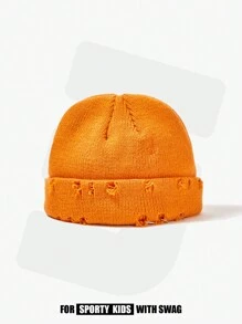 SHEIN 1pc Solid Color Ripped Style Knitted Hat - Orange - View 1