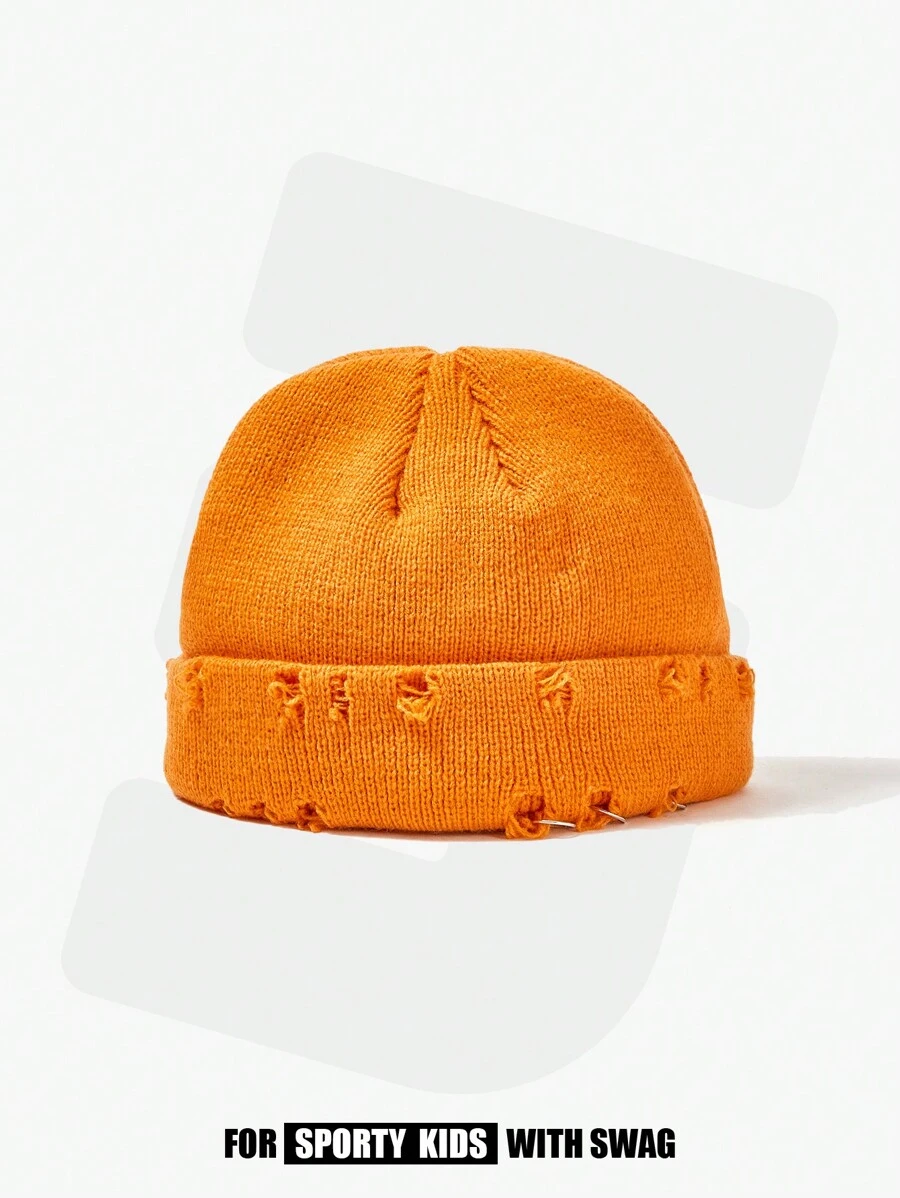 SHEIN 1pc Solid Color Ripped Style Knitted Hat - Orange - View 1