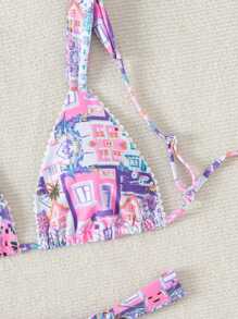 SHEIN Swim Summer Beach Printed V-Neck Bikini Set - Purple - View 3