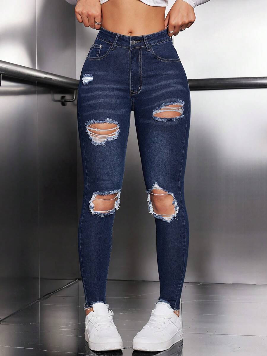 SHEIN EZwear Women'S Ripped Skinny Jeans Ripped Jeans - Dark Wash - View 1