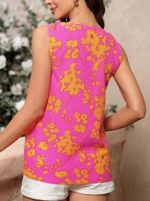 SHEIN Clasi 花卉印花彩塊扭結肩背心粉色襯衫粉色上衣 - 玫紅色 - 查看 2