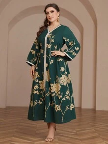 Plus Size Women's Solid Color V-Neck Elegant Embroidered Long Sleeve Casual, Daily, Festival Maxi Dress